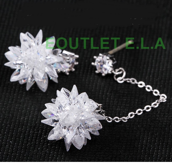 HIGH QUALITY ASYMMETRY CZ FLORAL SOLID SILVER EARRINGS